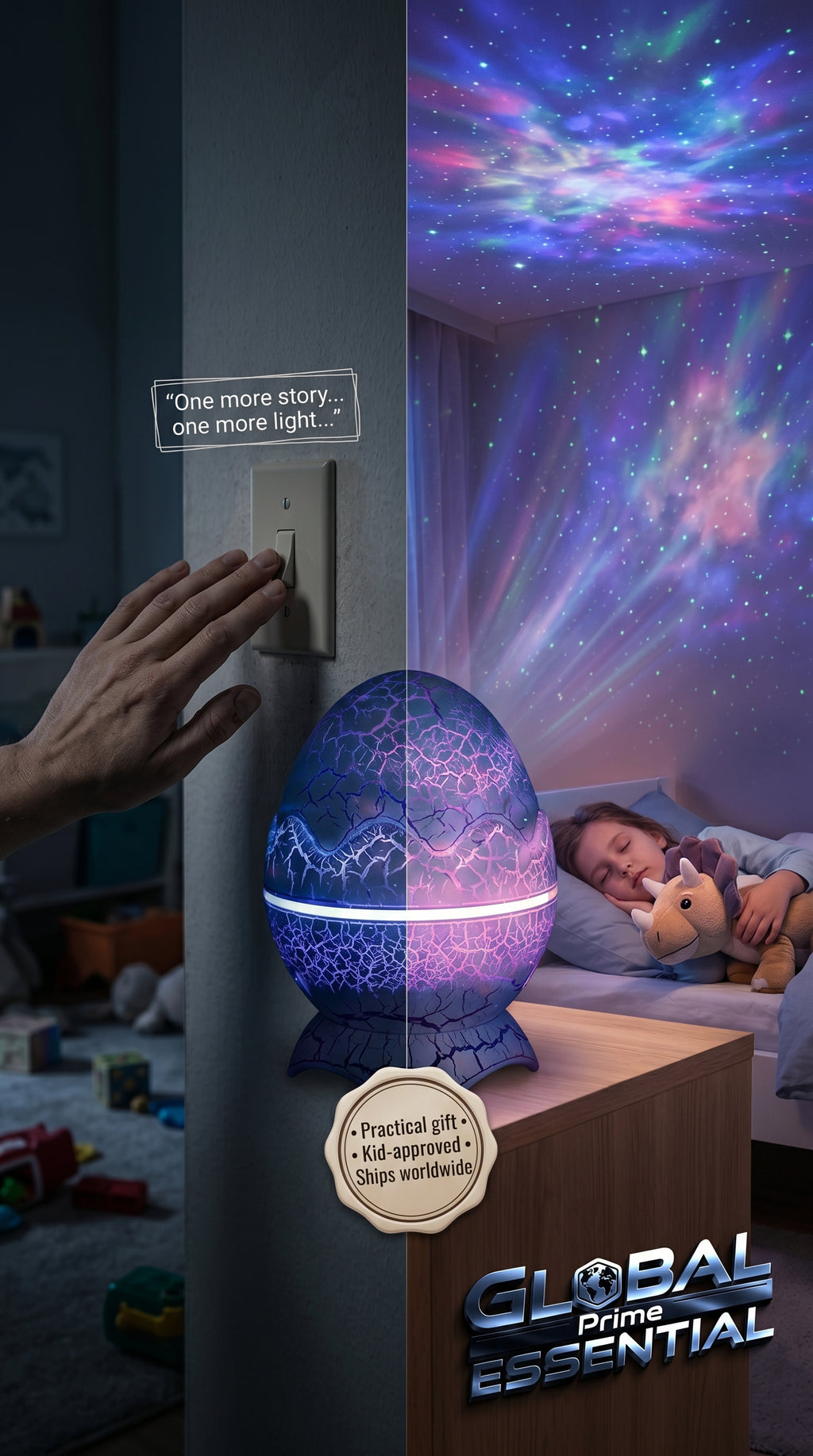 Global Prime Essential Dinosaur Egg Galaxy Projector displaying colorful starry sky for kids' bedtime lighting and night sky projection.
