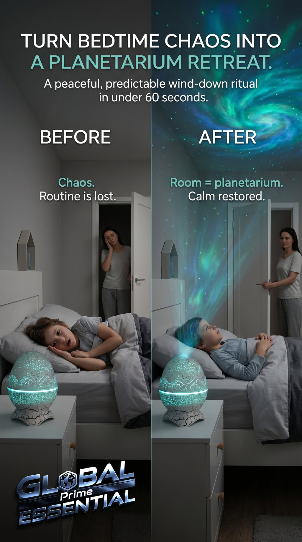 Colorful dinosaur egg galaxy projector displaying starry sky for kids' bedtime, from Global Prime Essential.