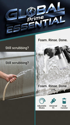 Global Prime Essential pressure hose nozzle foam gun ready for rinsing and cleaning chores, with foamy water spraying from the nozzle.