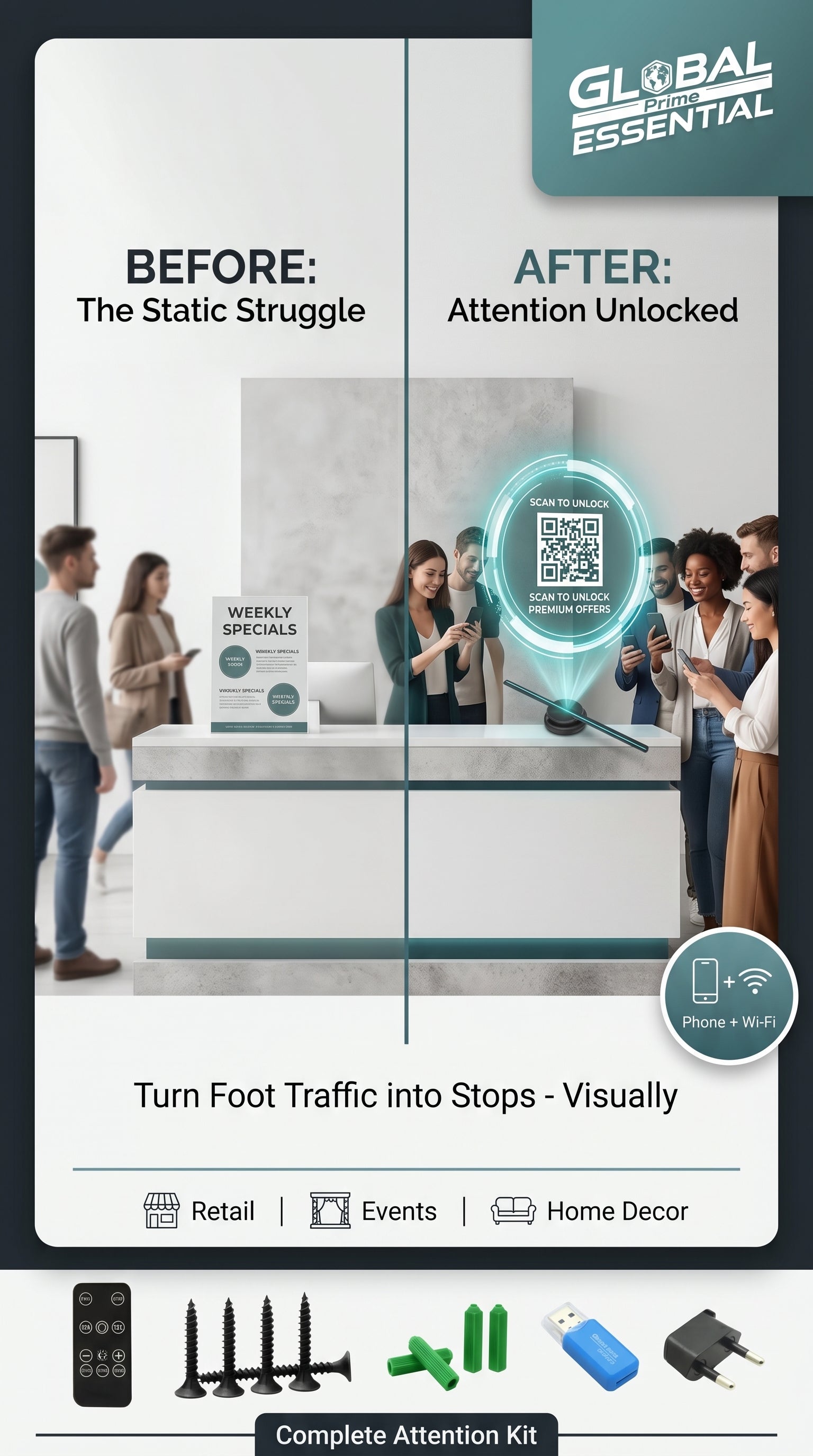 3D hologram fan by Global Prime Essential displaying floating images, ideal for shops, events, and home entertainment.