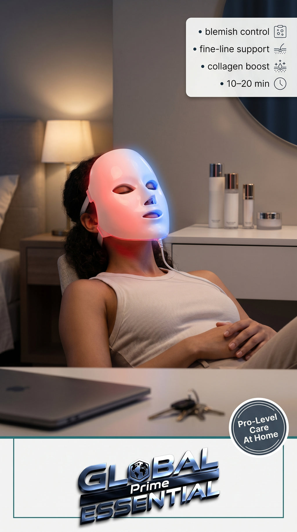 Global Prime Essential therapy mask shown on a woman, ideal for evening skincare routines and skin rejuvenation.