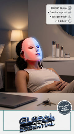 Global Prime Essential therapy mask shown on a woman, ideal for evening skincare routines and skin rejuvenation.