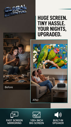 Mini LED wireless projector by Global Prime Essential displaying a home cinema setup with a large screen and cozy seating.
