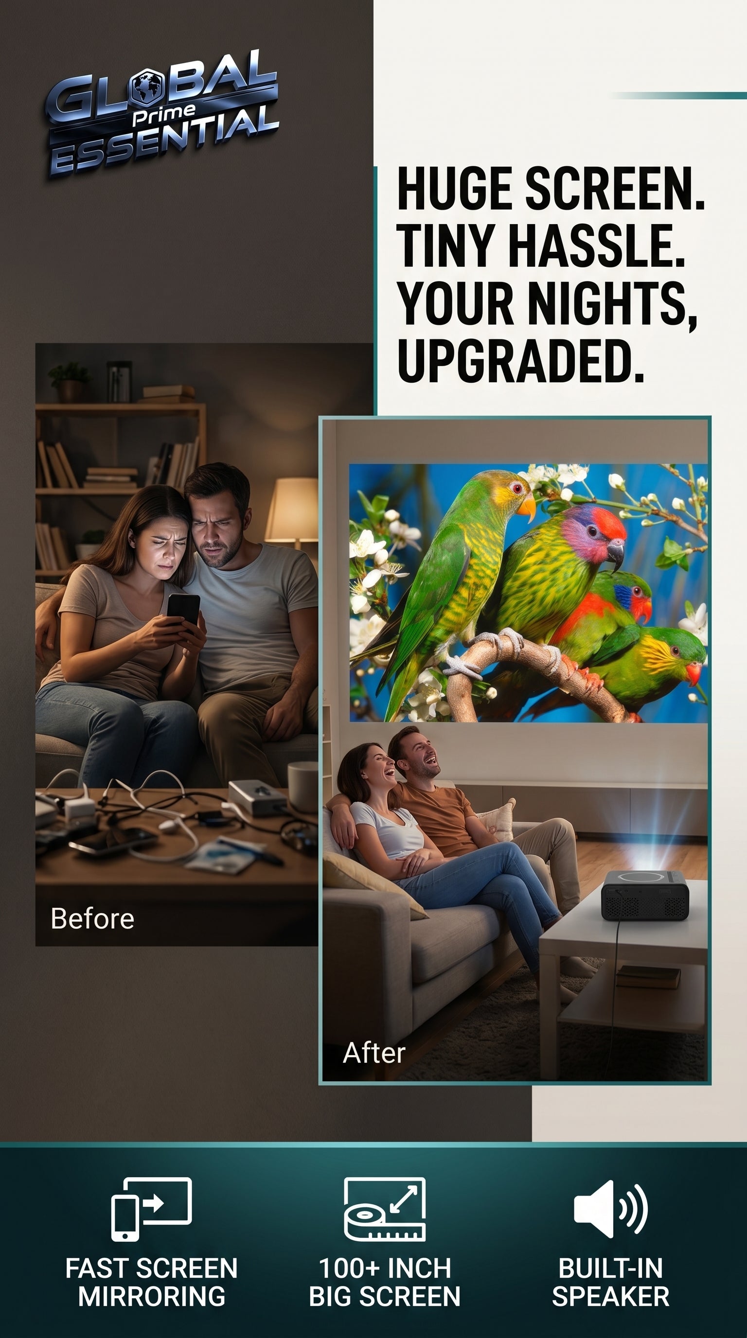 Mini LED wireless projector by Global Prime Essential displaying a home cinema setup with a large screen and cozy seating.