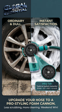 Global Prime Essential pressure hose nozzle foam gun attached to a garden hose for easy foam cleaning.