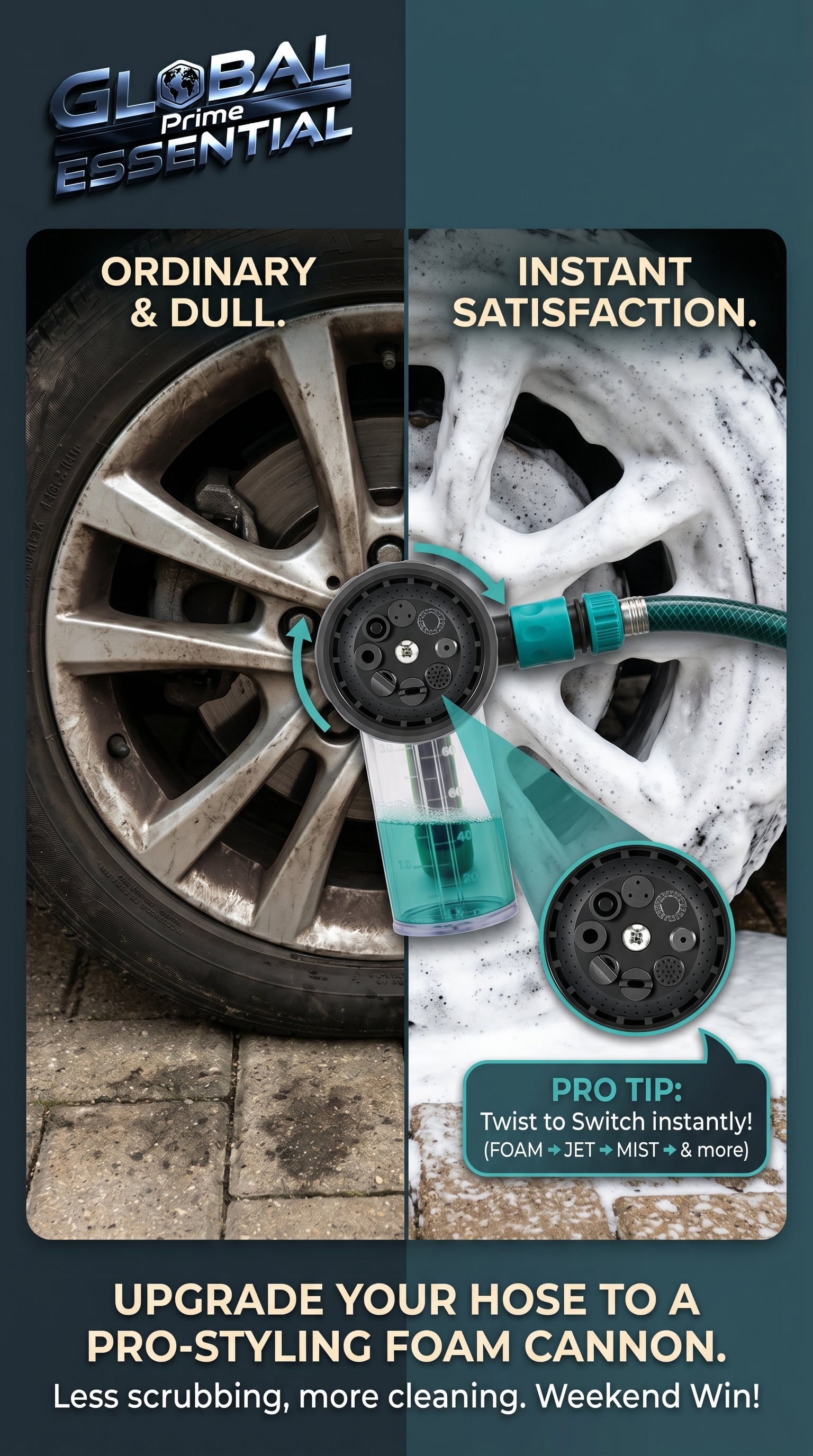 Global Prime Essential pressure hose nozzle foam gun attached to a garden hose for easy foam cleaning.
