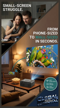 Mini LED wireless projector from Global Prime Essential displaying a vibrant home theater setup in a living room.