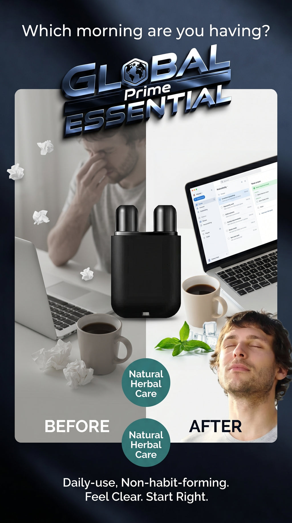 Herbal Repair Nasal Box by Global Prime Essential shown on a morning routine setup with herbal products and a bright, calming background.