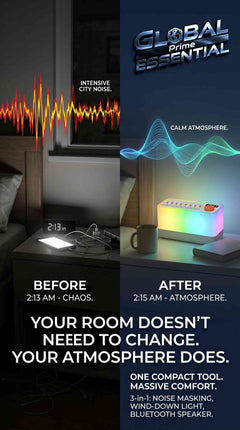 Global Prime Essential ambient sound machine with night light, nature sounds, breathing therapy, and Bluetooth speaker for relaxing nights.