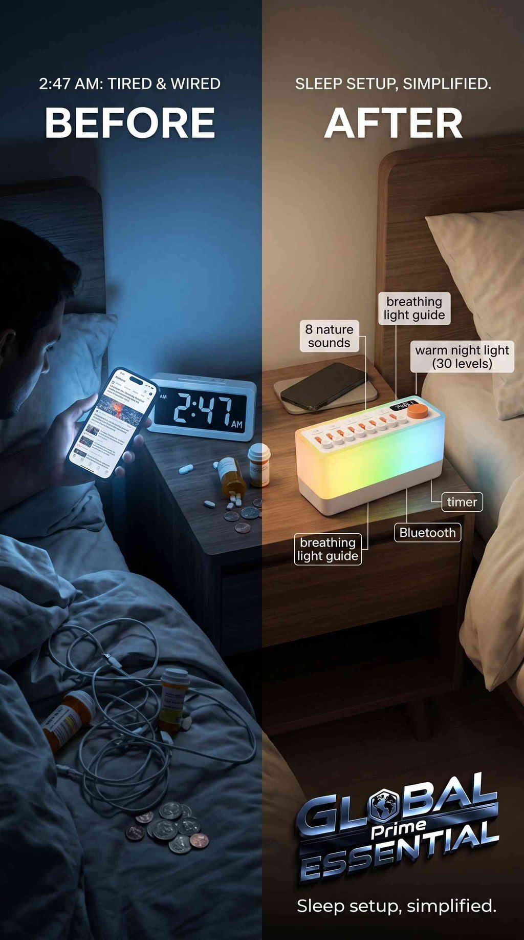Global Prime Essential ambient sound machine with 8 nature sounds, night light, breathing therapy, and Bluetooth speaker for better sleep.