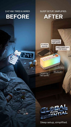 Global Prime Essential ambient sound machine with 8 nature sounds, night light, breathing therapy, and Bluetooth speaker for better sleep.
