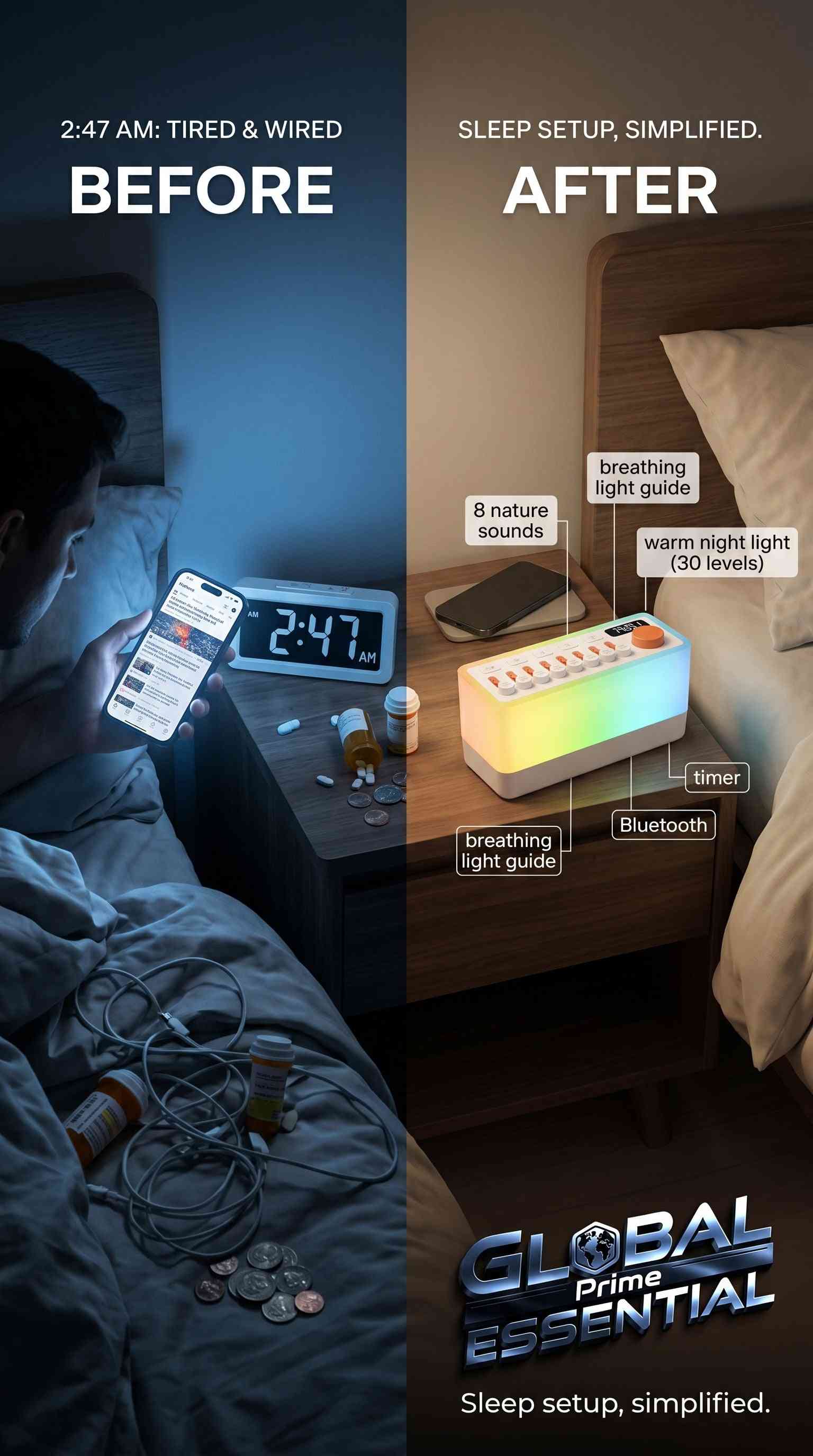 Global Prime Essential ambient sound machine with 8 nature sounds, night light, breathing therapy, and Bluetooth speaker for better sleep.