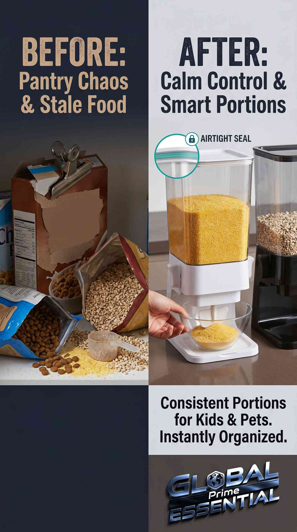 Global Prime Essential 5L dry food dispenser with airtight silicone seal for cereal, pet food, and pantry storage.