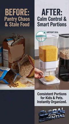 Global Prime Essential 5L dry food dispenser with airtight silicone seal for cereal, pet food, and pantry storage.