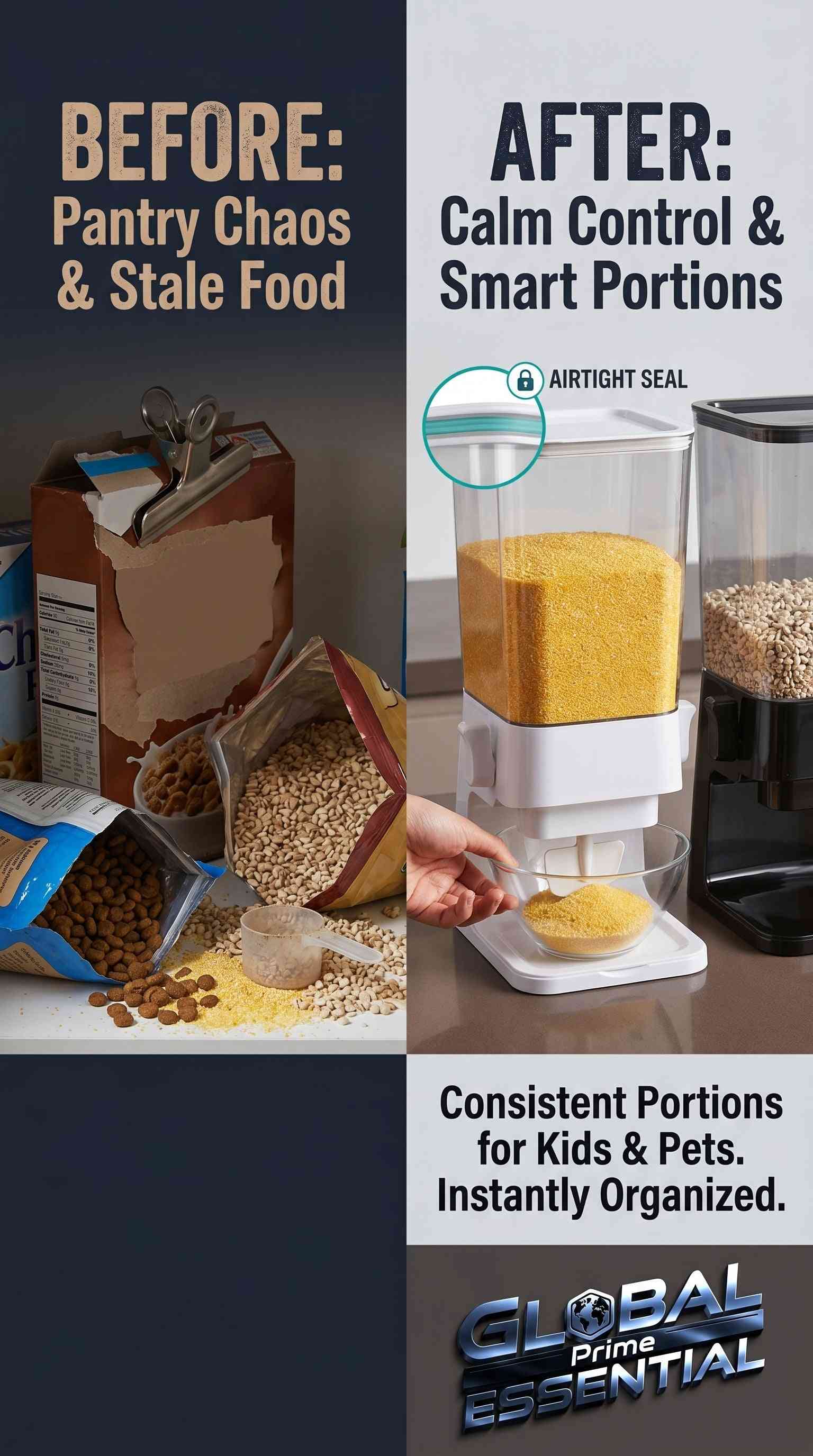 Global Prime Essential 5L dry food dispenser with airtight silicone seal for cereal, pet food, and pantry storage.