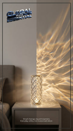 Global Prime Essential crystal lamp illuminating a stylish room with shimmering crystal accents and modern design.