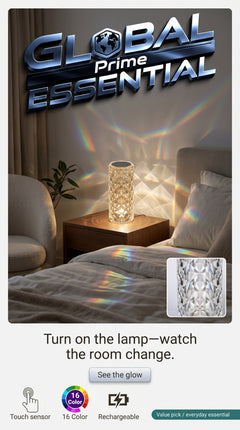 Global Prime Essential crystal lamp with intricate design, glowing softly to enhance any room decor.