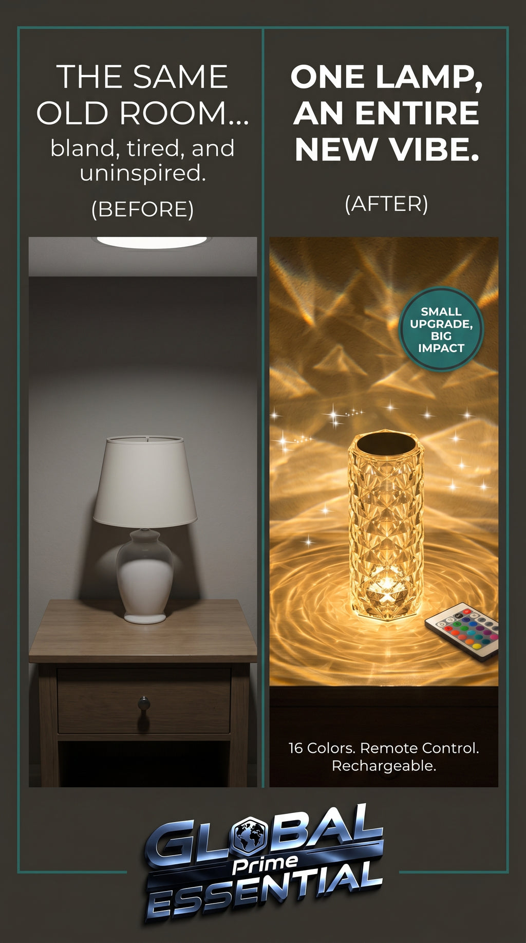 Crystal lamp by Global Prime Essential featuring a shimmering crystal design, perfect for enhancing room ambiance.