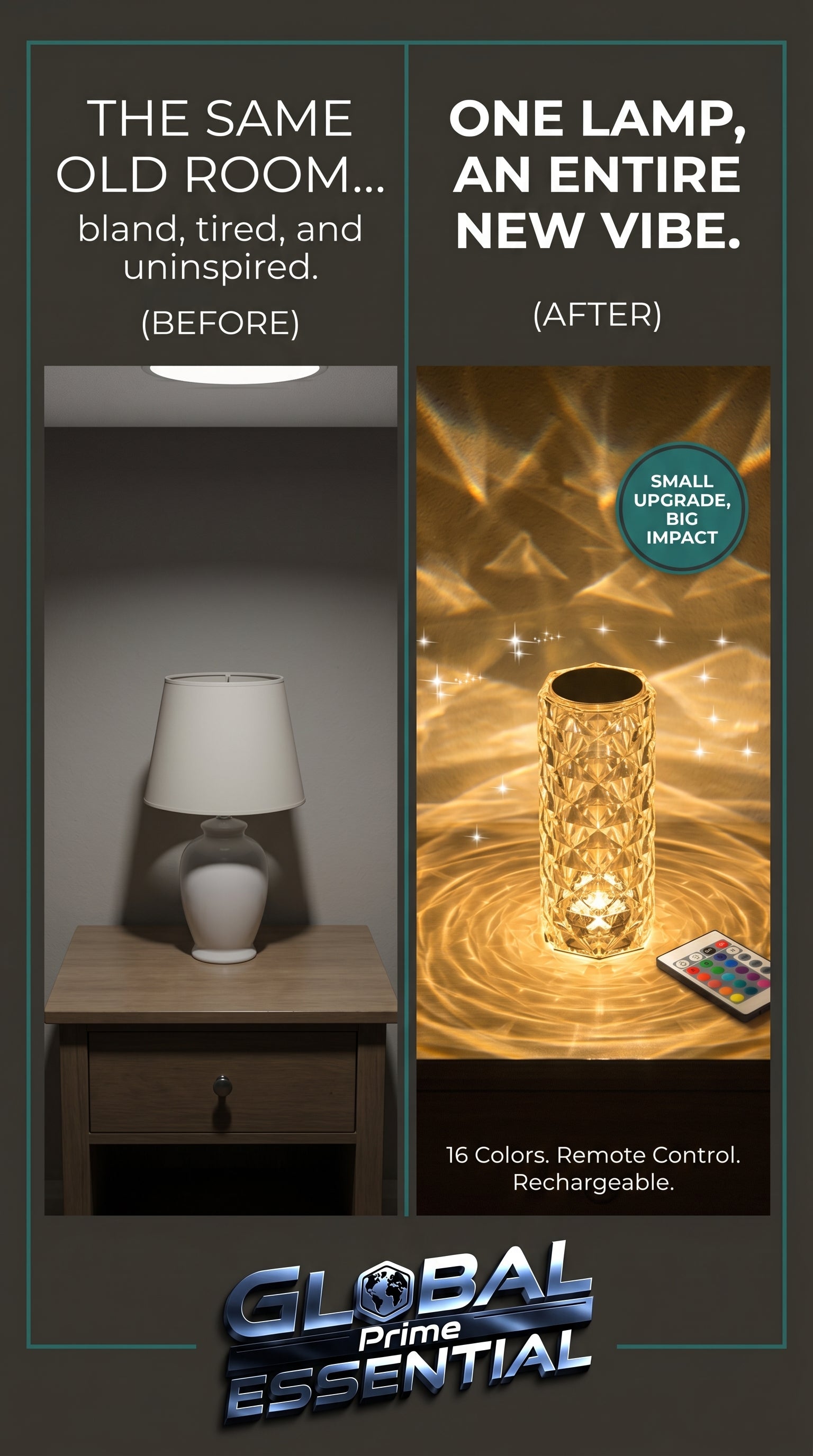 Crystal lamp by Global Prime Essential featuring a shimmering crystal design, perfect for enhancing room ambiance.