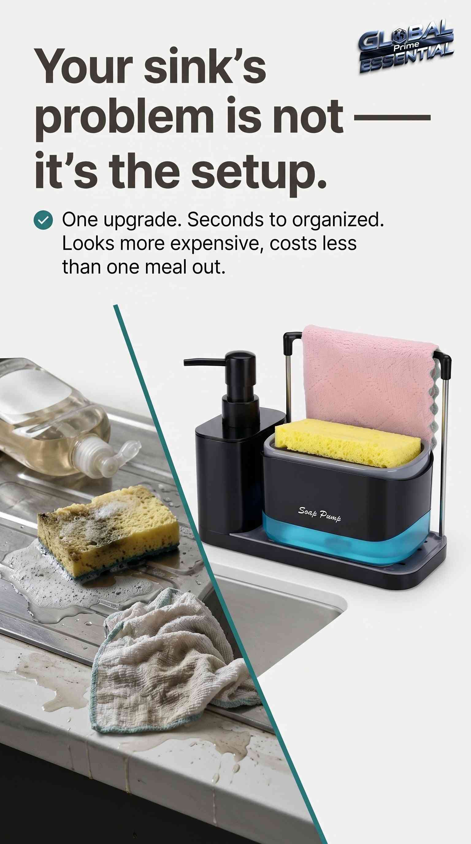 Global Prime Essential 5-in-1 soap dispenser set with dual pump, sponge holder, and draining tray for kitchen sink organization.