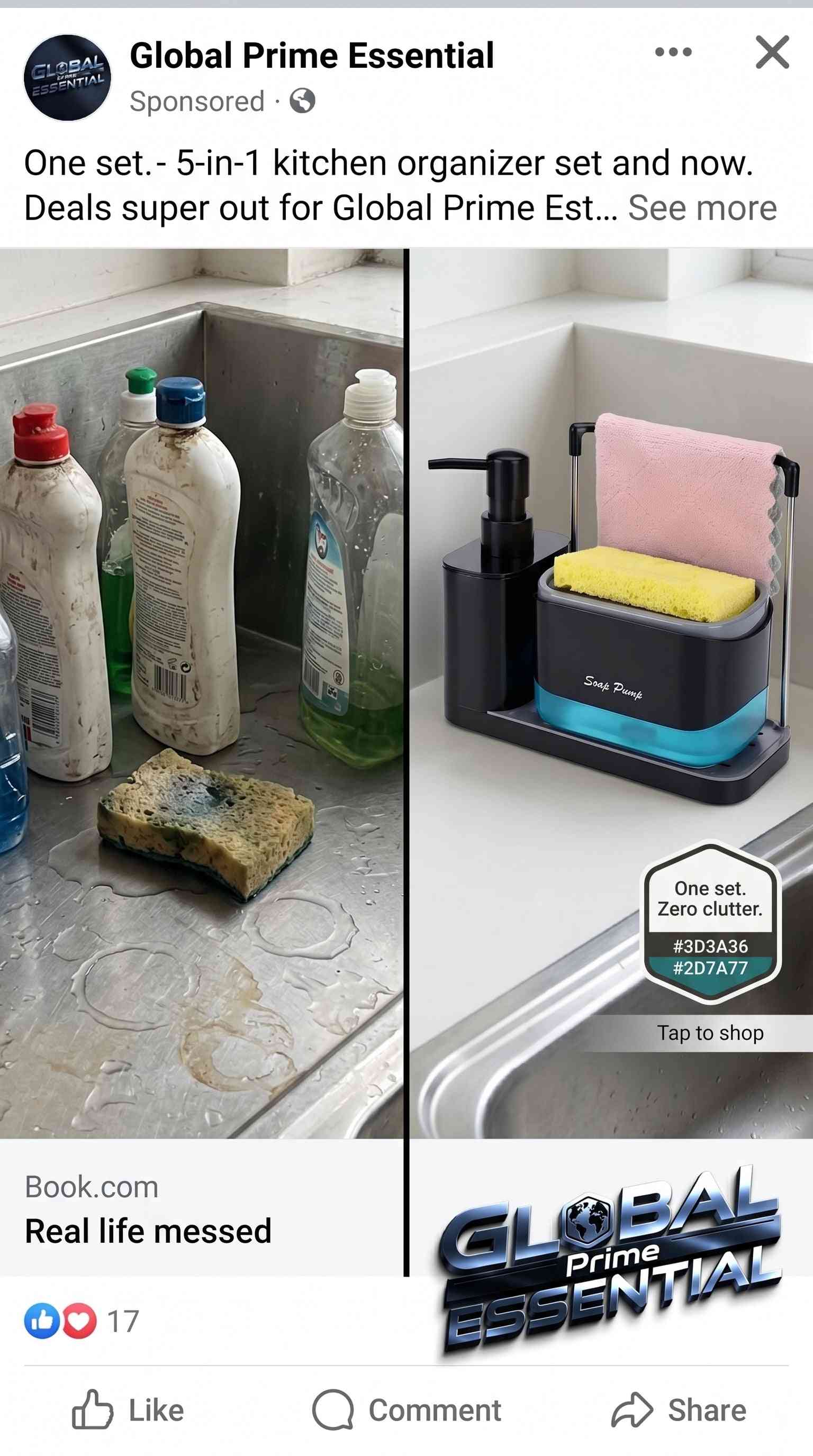 Global Prime Essential 5-in-1 soap dispenser set with dual pump, sponge holder, and draining tray for organized kitchen sinks