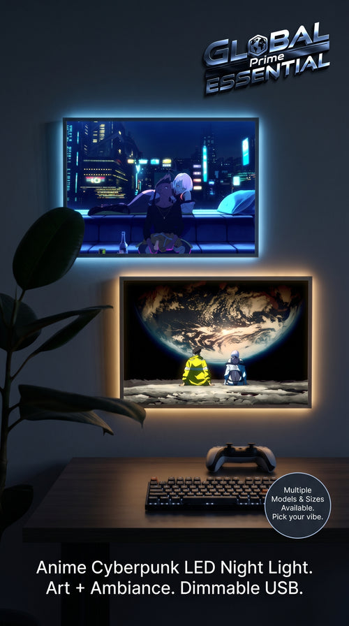 Anime Cyberpunk LED night light by Global Prime Essential, featuring a dimmable USB wood and acrylic photo frame lamp.