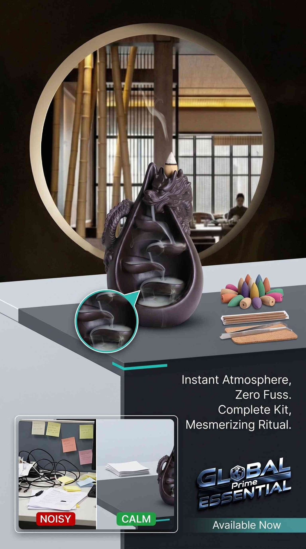 Ceramic Dragon Backflow Incense Burner Set with waterfall effect, includes 45 cones and 40 sticks for aromatic relaxation.
