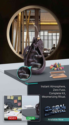 Ceramic Dragon Backflow Incense Burner Set with waterfall effect, includes 45 cones and 40 sticks for aromatic relaxation.