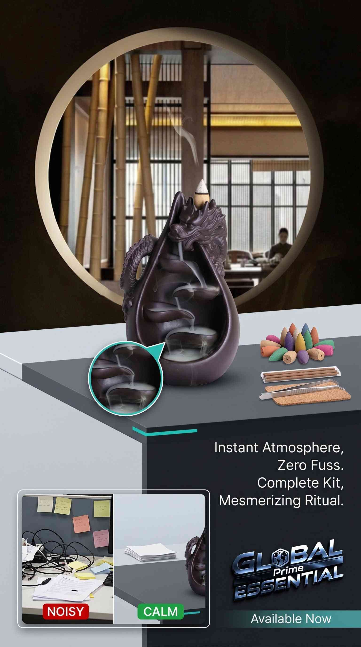 Ceramic Dragon Backflow Incense Burner Set with waterfall effect, includes 45 cones and 40 sticks for aromatic relaxation.