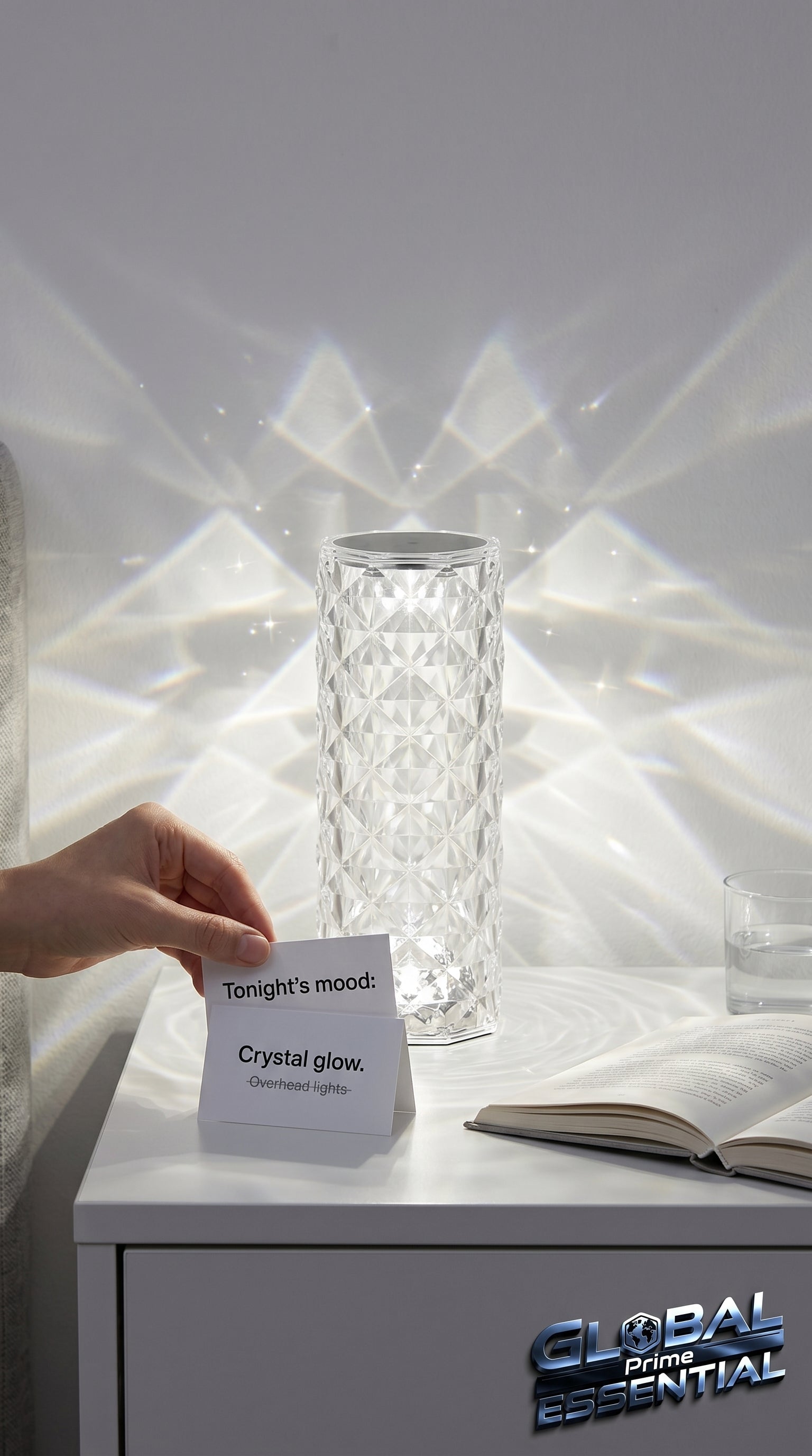 Global Prime Essential crystal lamp glowing with shimmering crystal accents, ideal for elegant home or office decor.