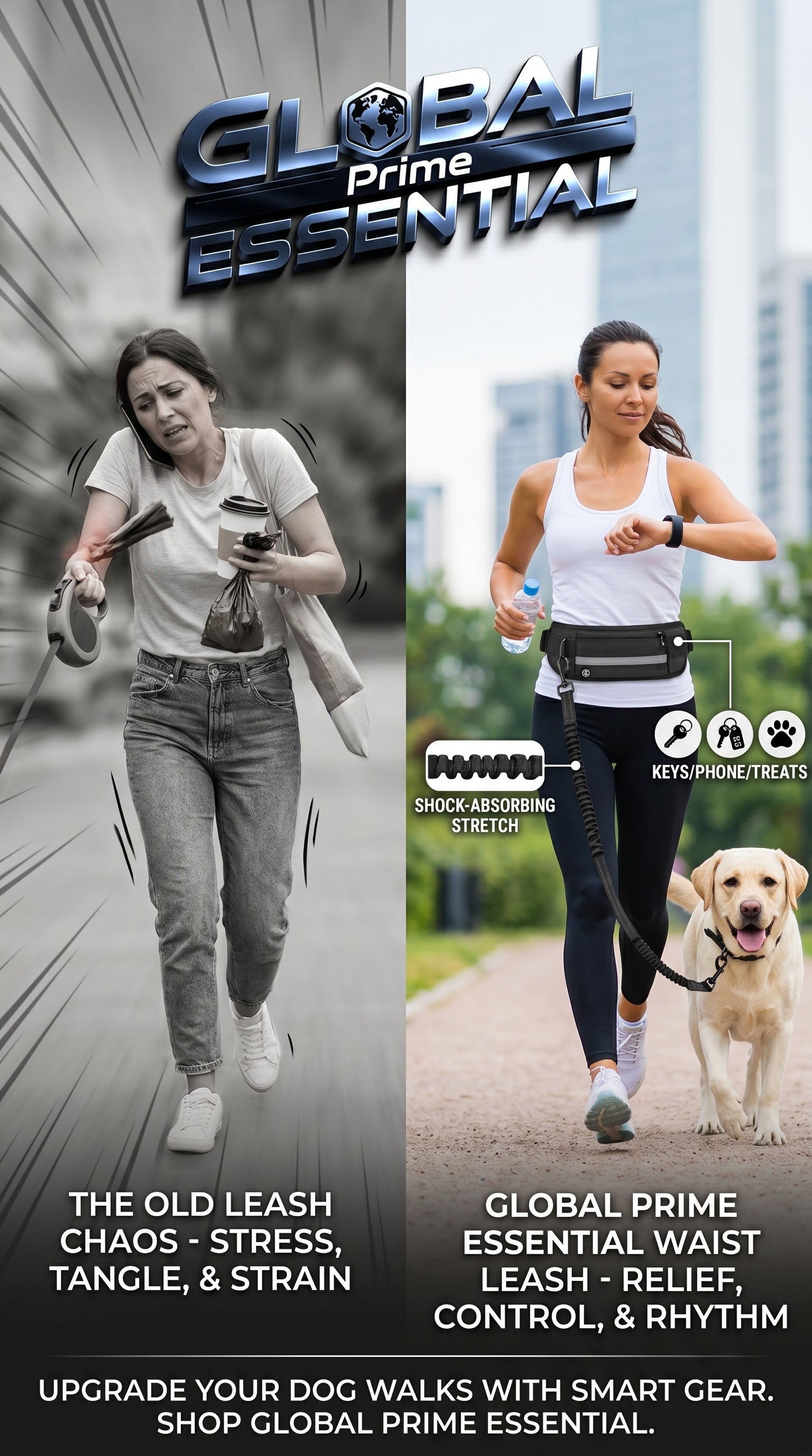 Global Prime Essential hands-free dog leash attached to a belt, allowing comfortable, secure walking with your dog.