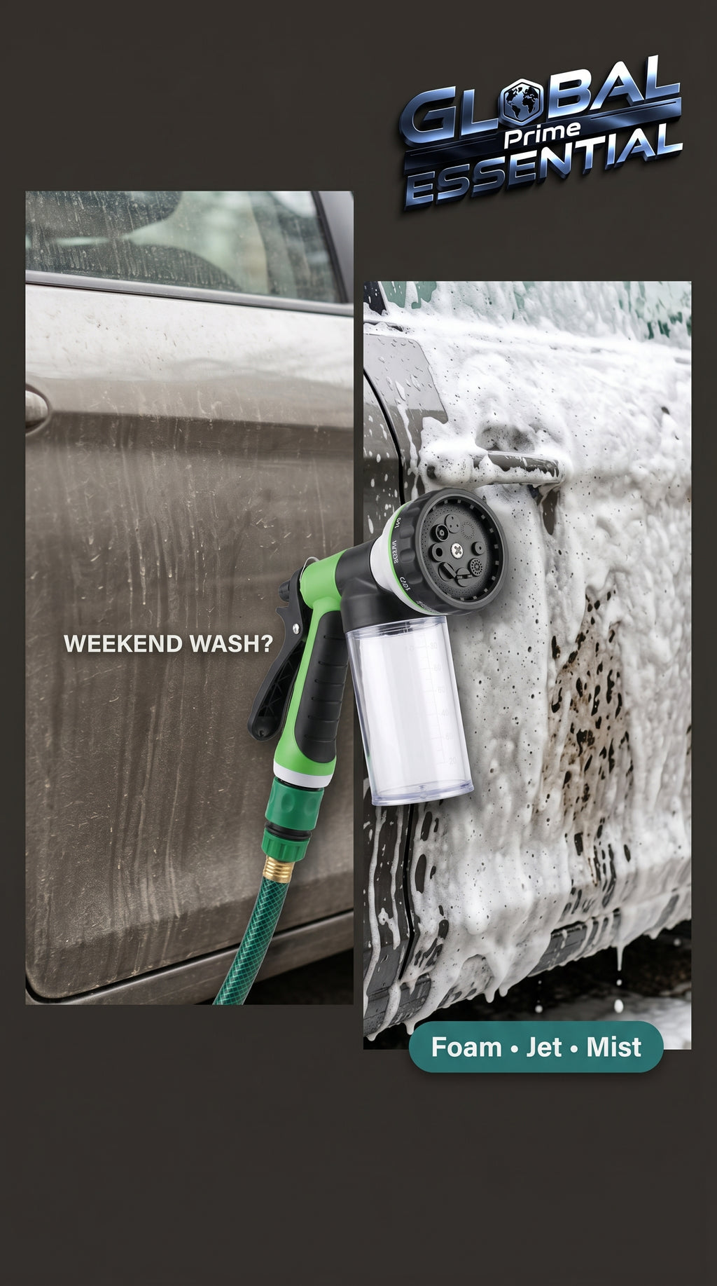 Global Prime Essential pressure hose nozzle foam gun for car washing, showing foam being applied during cleaning.