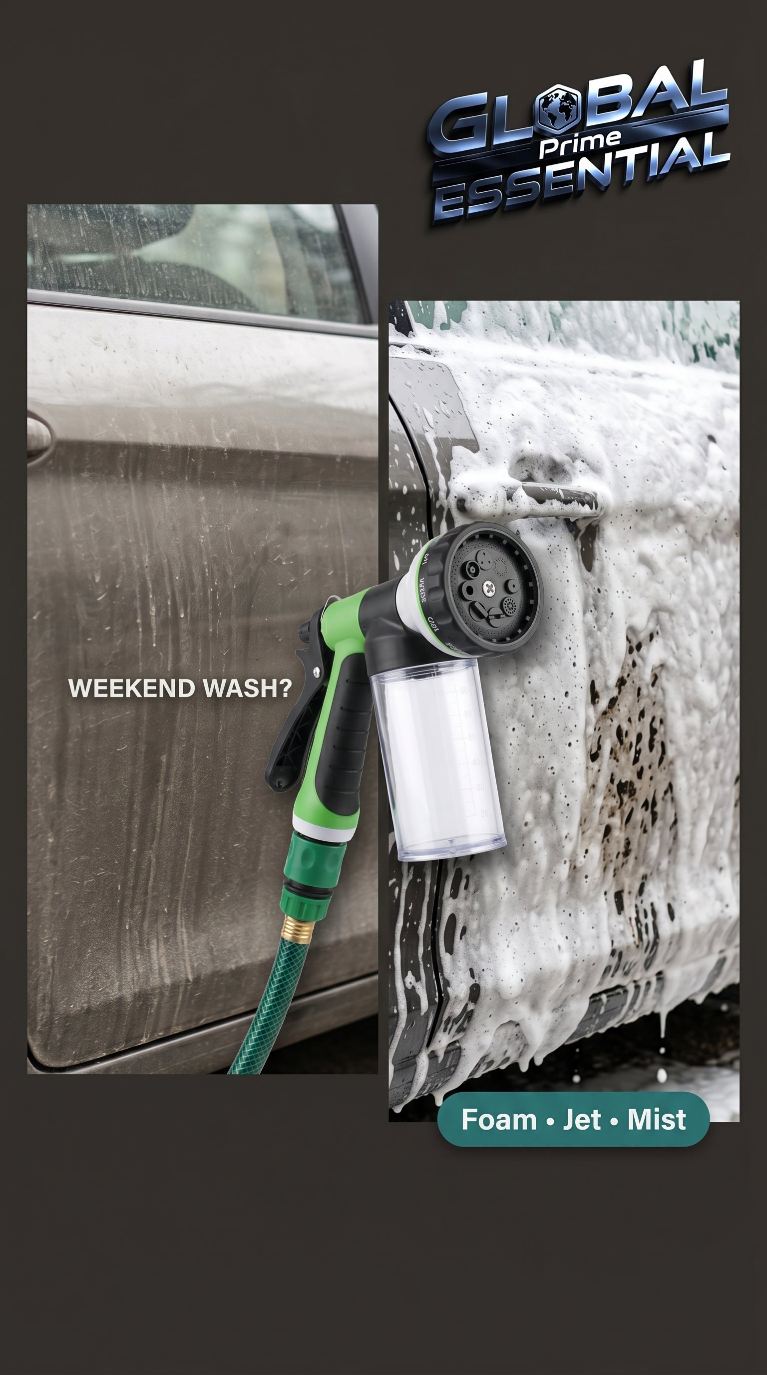Global Prime Essential pressure hose nozzle foam gun for car washing, showing foam being applied during cleaning.