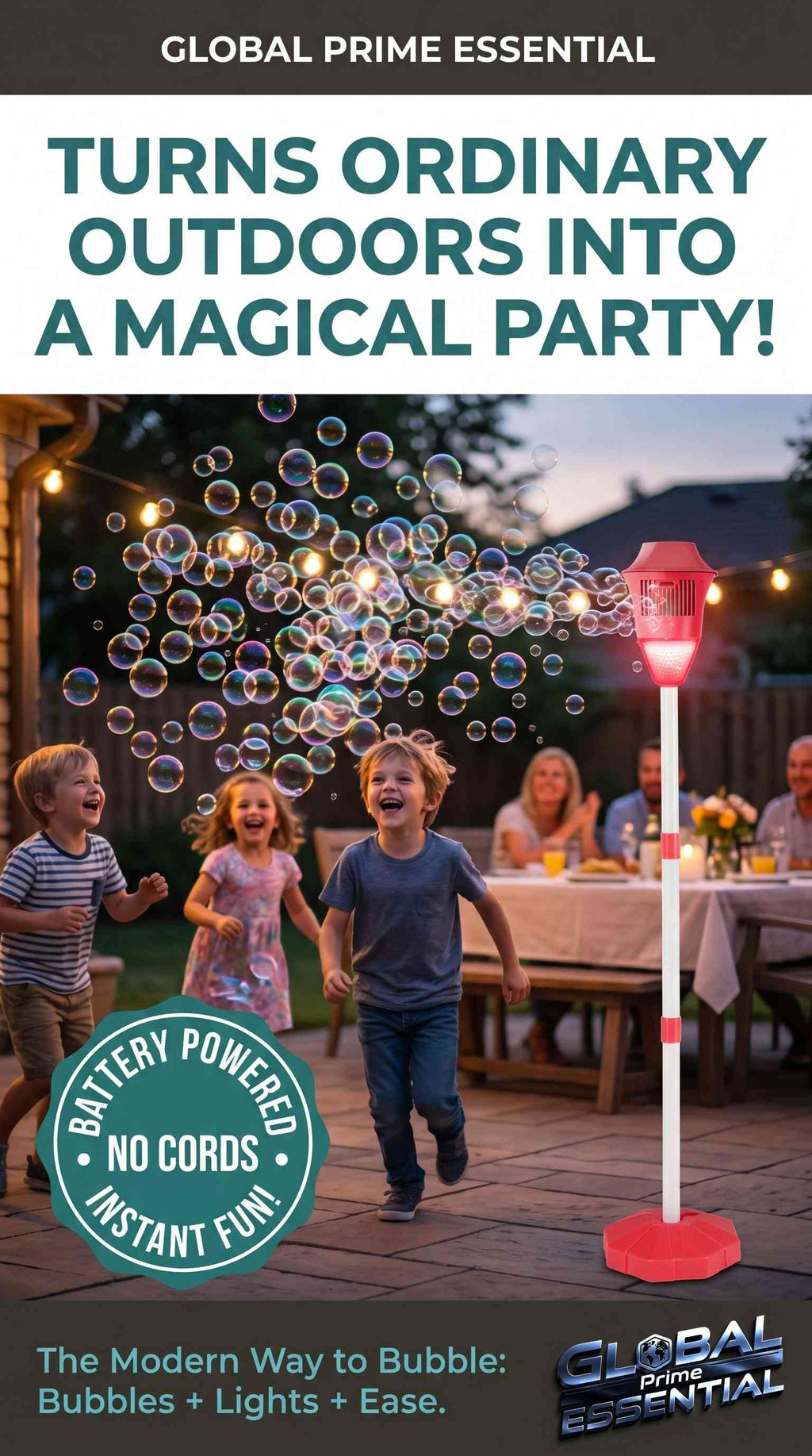 Global Prime Essential standing bubble machine for kids with LED lights, music, adjustable height, and battery power in a yard setting.