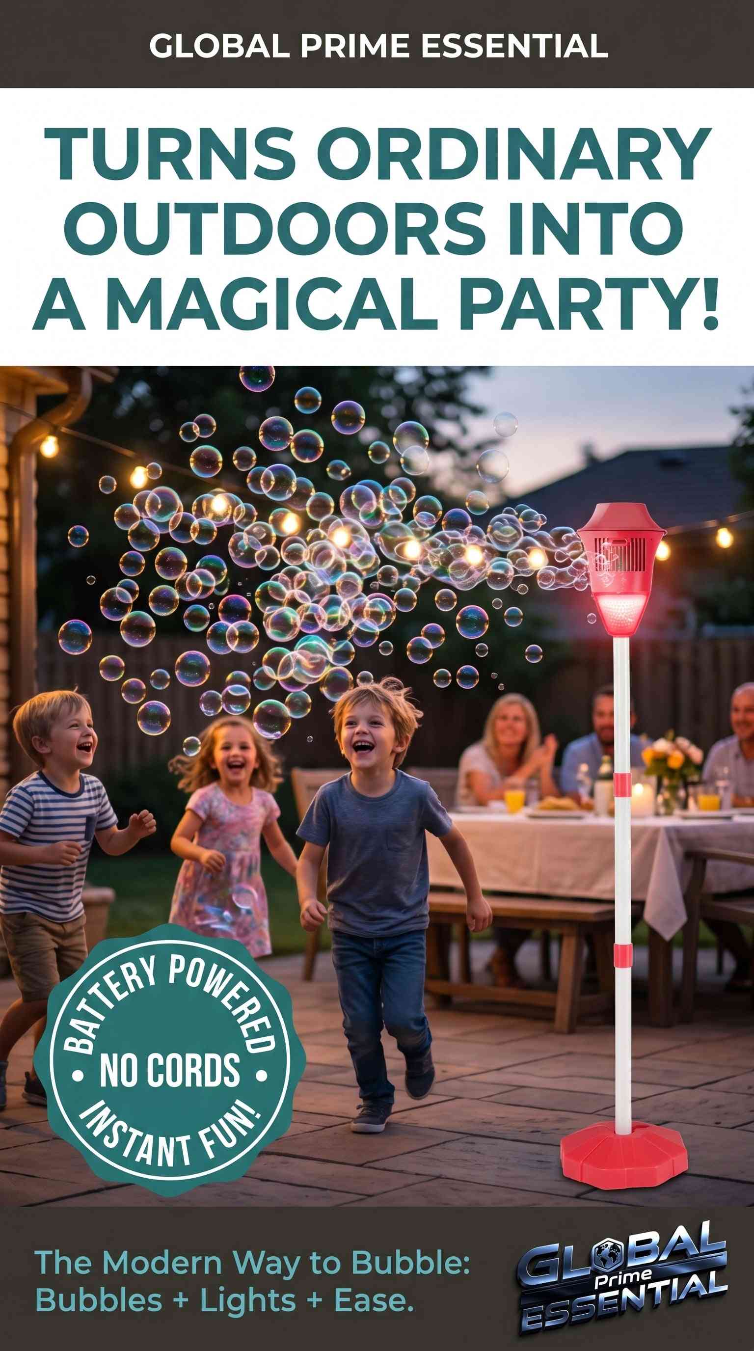 Global Prime Essential standing bubble machine for kids with LED lights, music, adjustable height, and battery power in a yard setting.