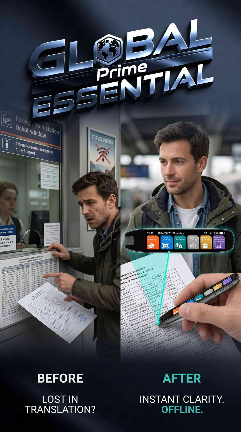 Global Prime Essential Scan Translator Pen translating 131 languages with IPS screen and recording, ideal for travel and office use.