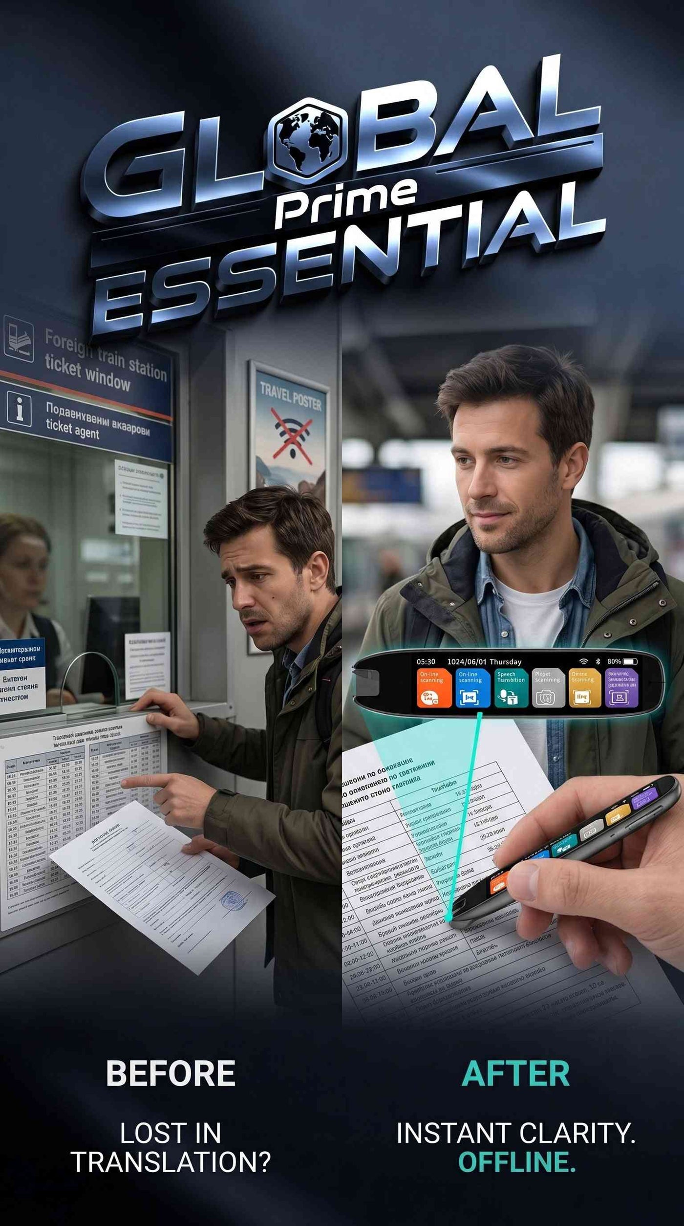 Global Prime Essential Scan Translator Pen translating 131 languages with IPS screen and recording, ideal for travel and office use.