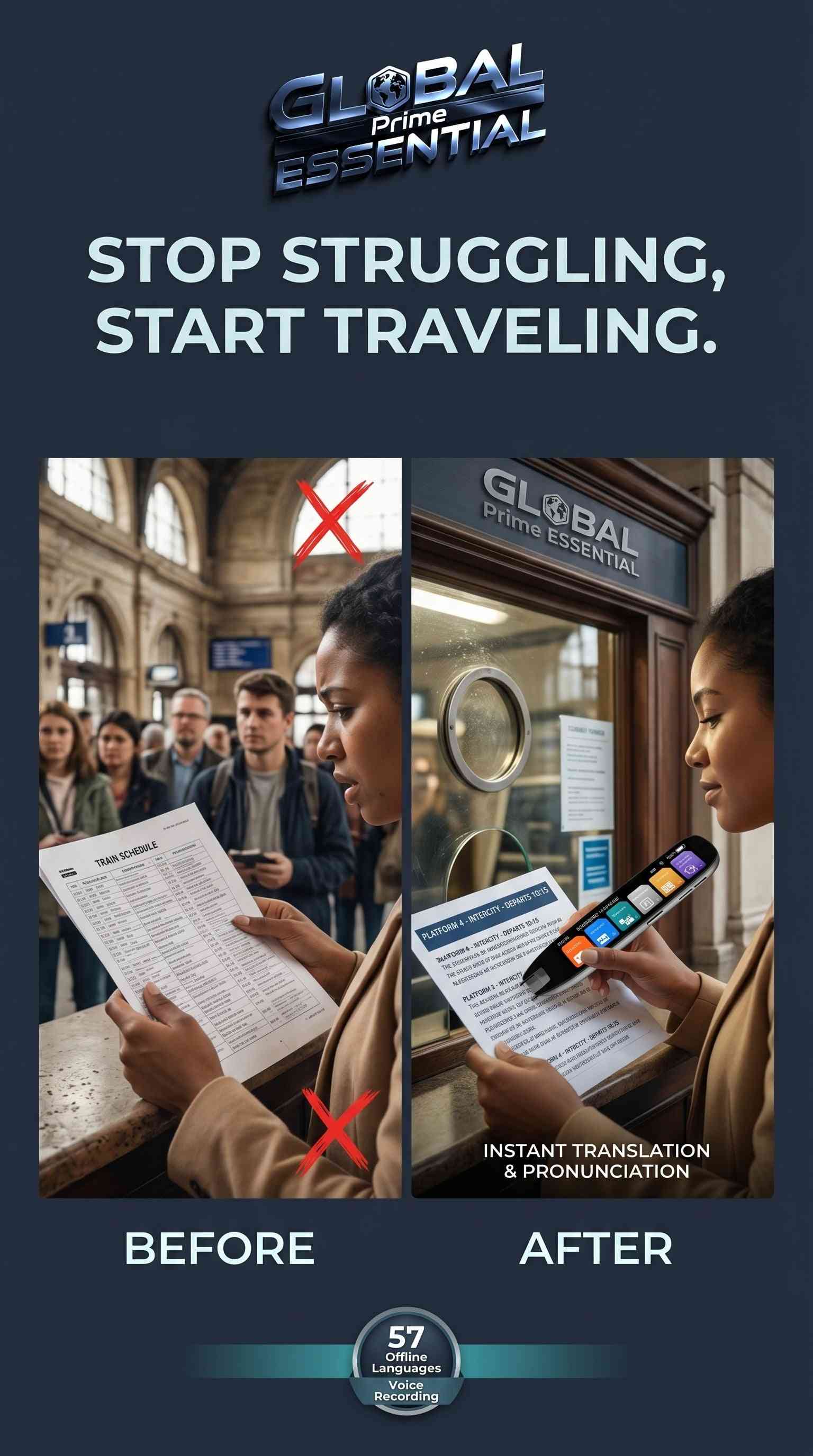 Global Prime Essential Scan Translator Pen displaying translation on IPS screen, with recording function and offline mode for travel.