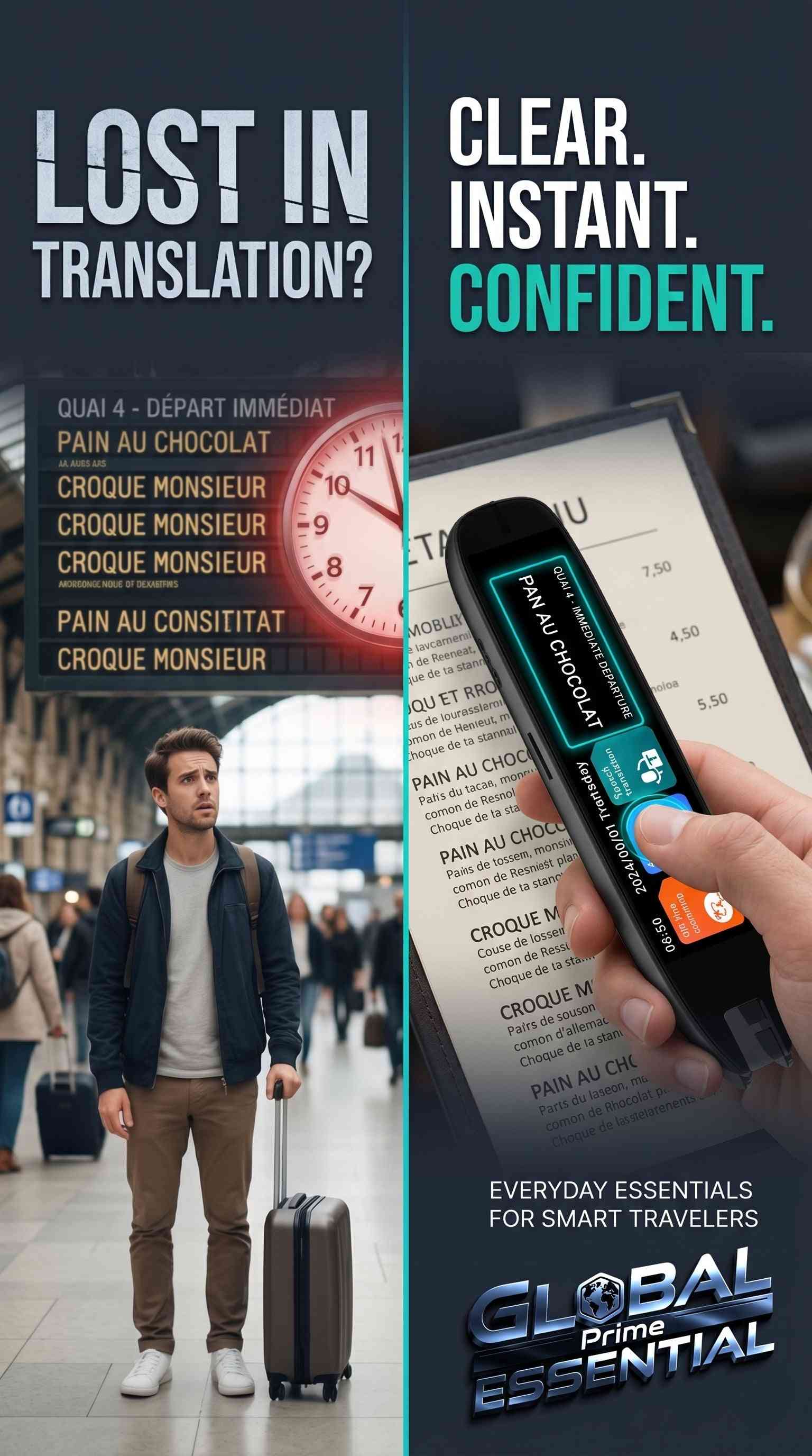 Global Prime Essential Scan Translator Pen with IPS screen, offline mode, recording, and support for 131 languages.