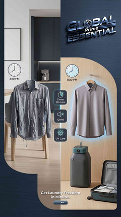 Global Prime Essential portable electric clothes dryer for travel, featuring fast drying, UV light, and foldable design.