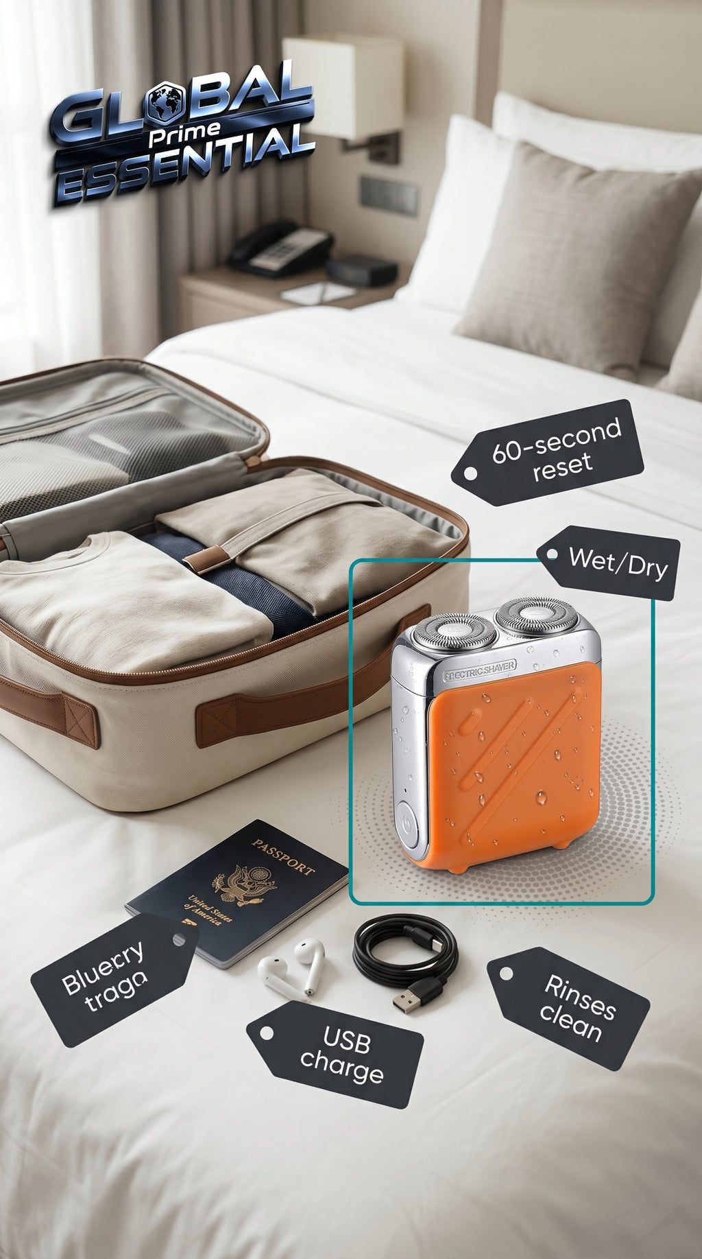 Global Prime Essential mini waterproof electric shaver with travel-friendly design and sleek, portable appearance for quick grooming.
