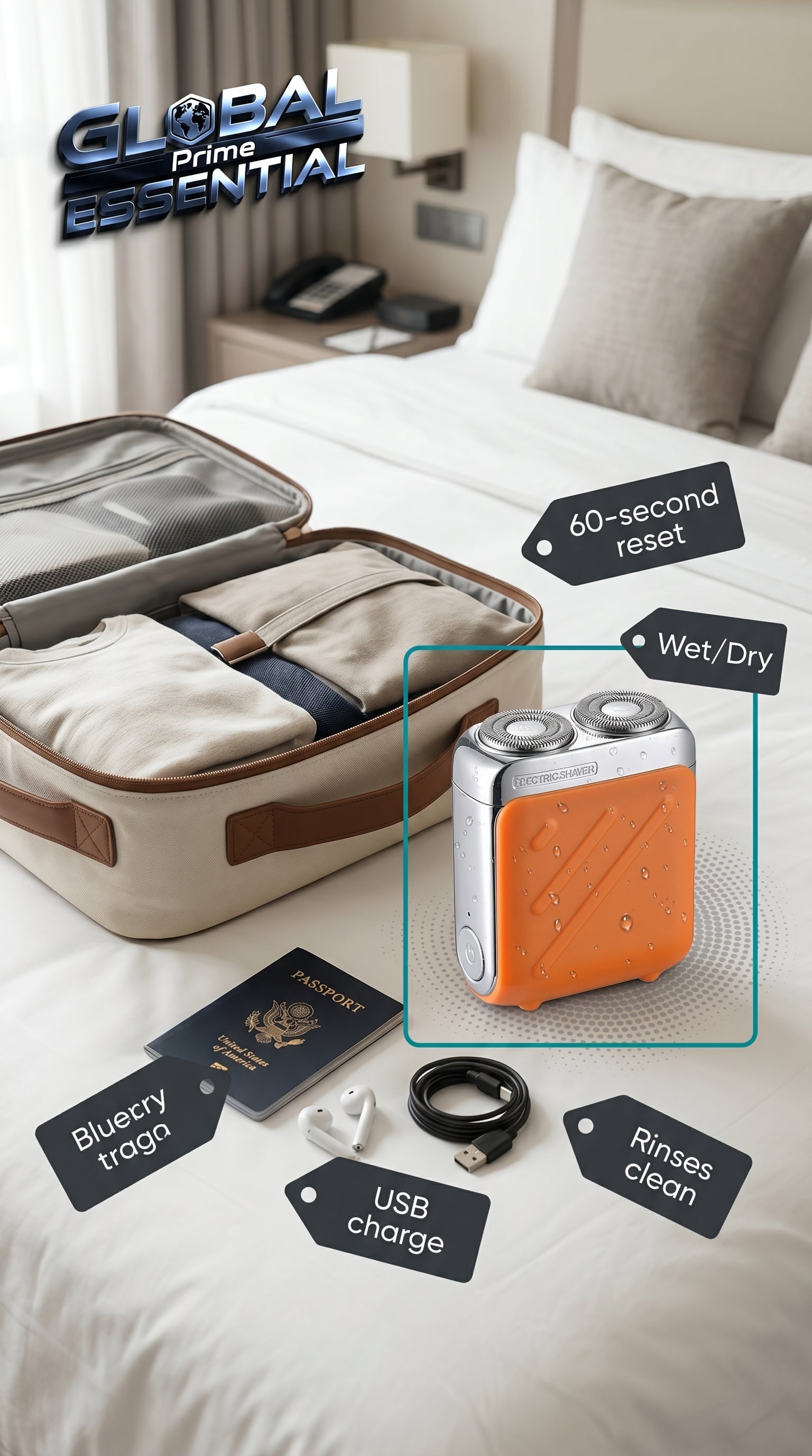 Global Prime Essential mini waterproof electric shaver with travel-friendly design and sleek, portable appearance for quick grooming.