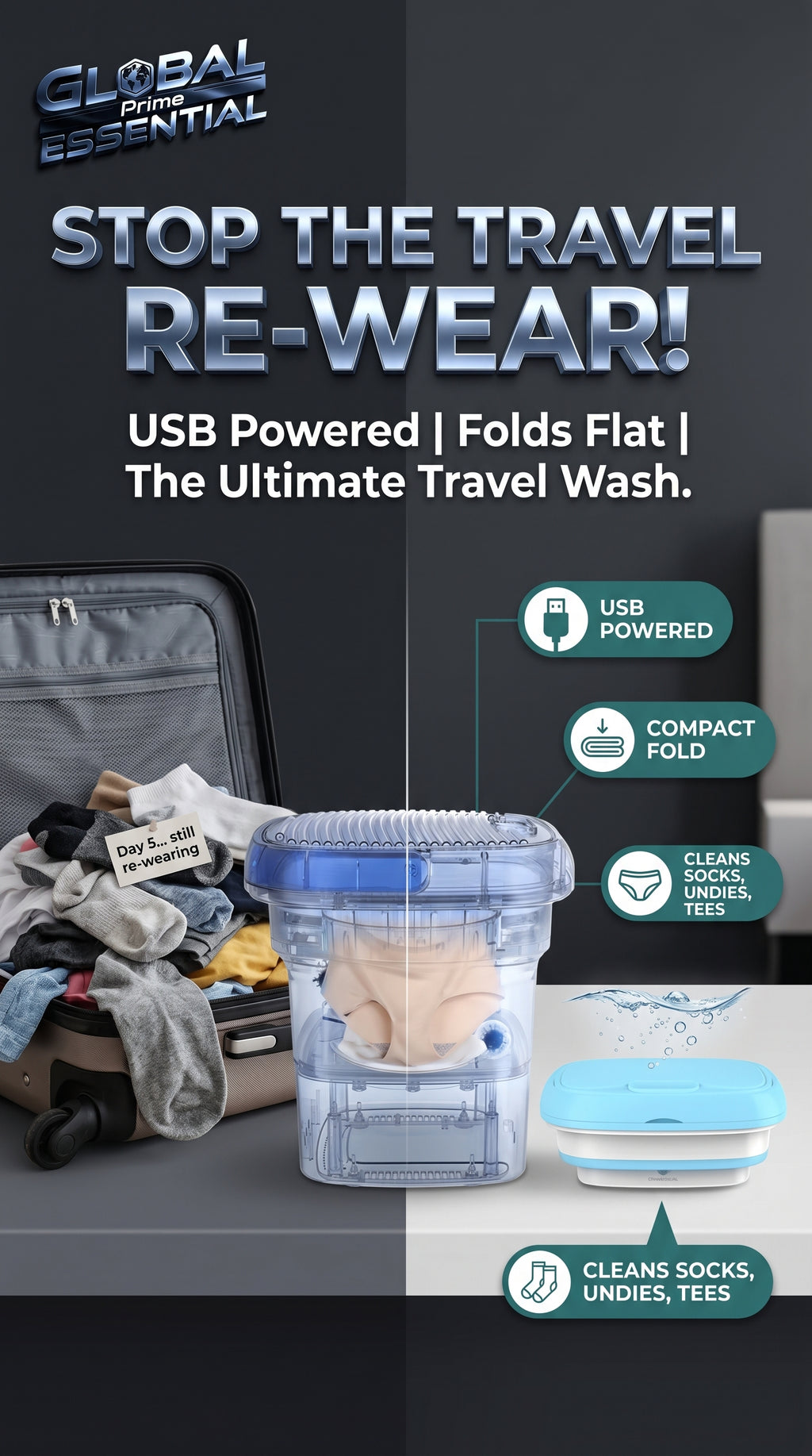 Portable folding washing machine by Global Prime Essential with laundry inside, ideal for travel and on-the-go freshening of clothes.