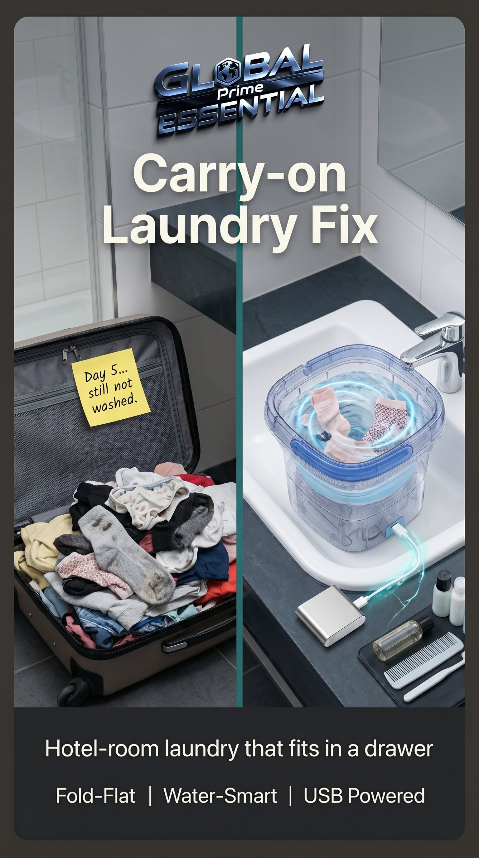 Global Prime Essential folding washing machine in a travel laundry pack, compact and lightweight for easy laundry on the go.