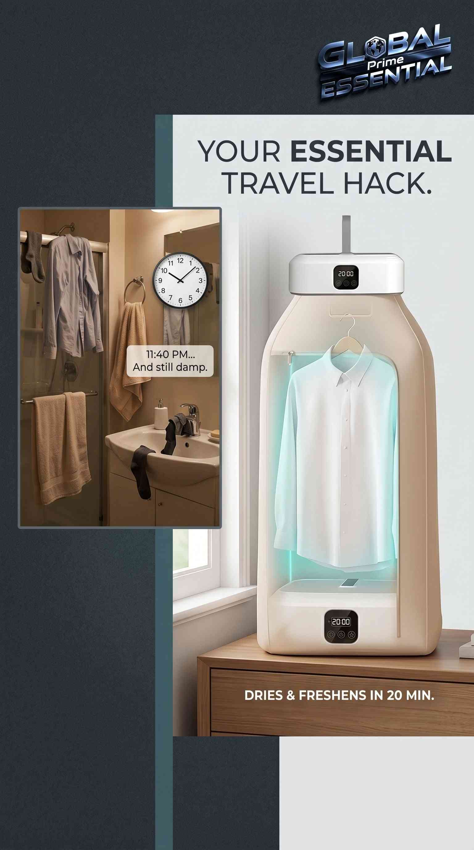 Global Prime Essential portable electric clothes dryer with UV light, foldable design, quick drying for travel and apartment use