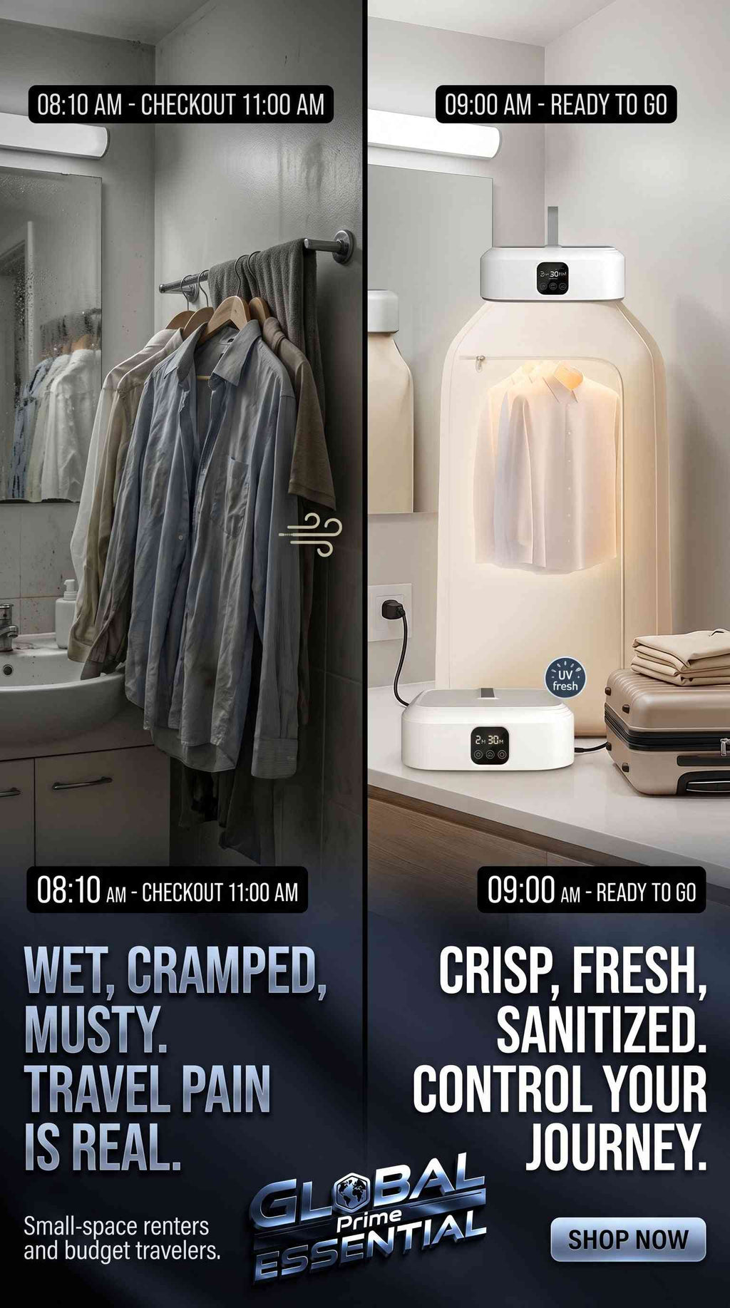 Global Prime Essential portable electric clothes dryer with UV light, foldable design for fast drying on travel and in apartments.