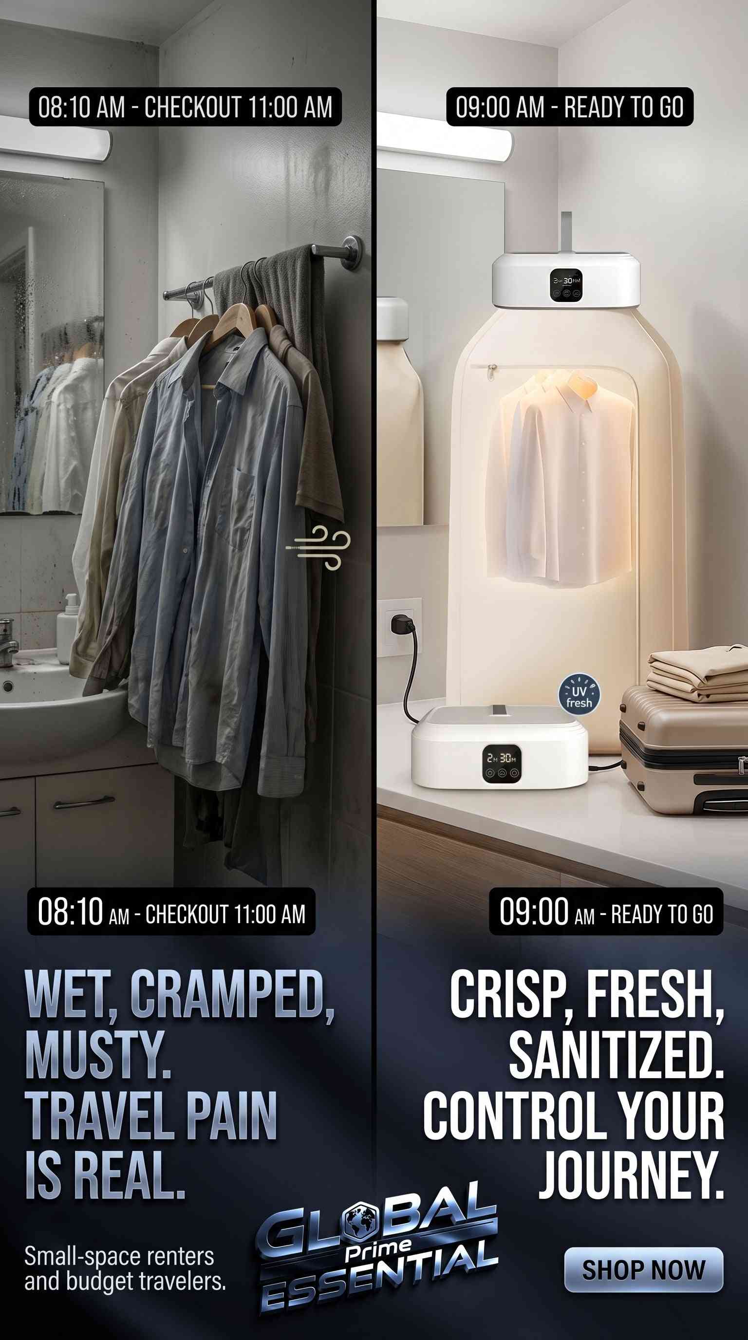 Global Prime Essential portable electric clothes dryer with UV light, foldable design for fast drying on travel and in apartments.
