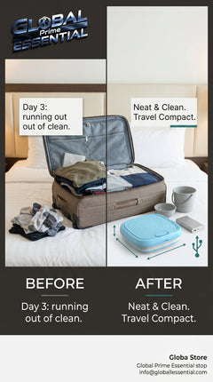 Global Prime Essential folding washing machine compact for travel, lightweight and portable for fresh laundry anywhere.