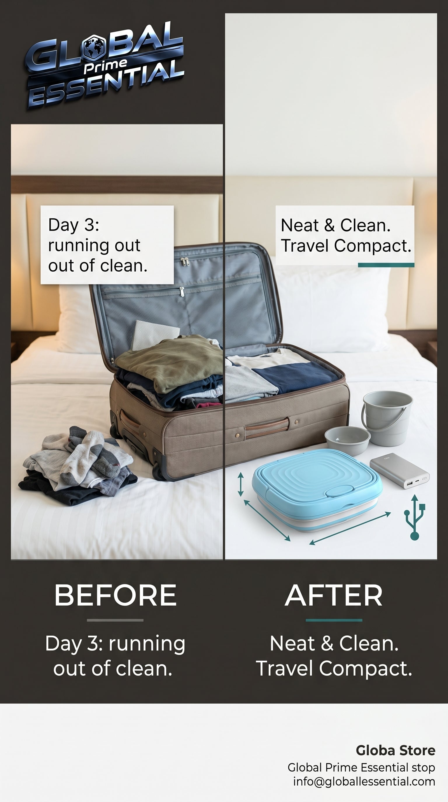 Global Prime Essential folding washing machine compact for travel, lightweight and portable for fresh laundry anywhere.