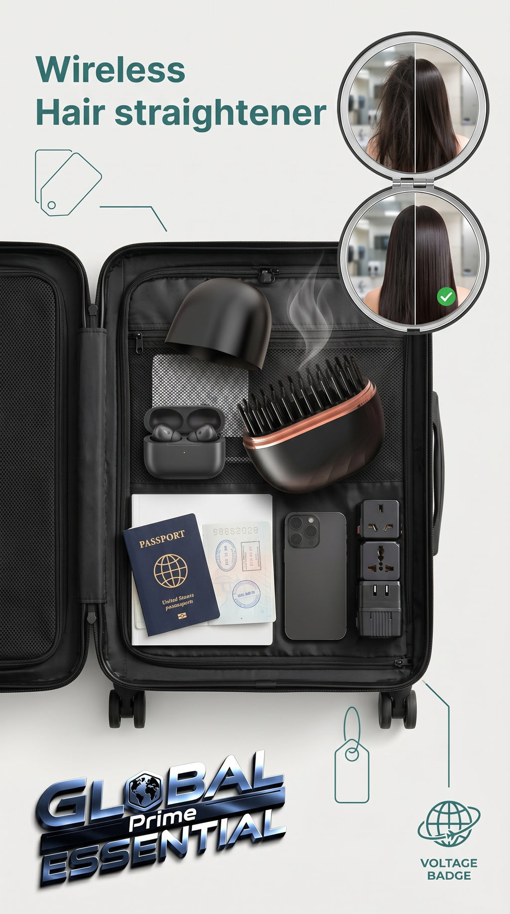 Global Prime Essential portable hair straightener with a sleek design, perfect for travel and styling hair anywhere.